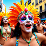 **A vibrant scene in Montevideo during Carnival. Focus on a Murga group performing, their faces painted with expressive makeup, singing satirical songs with passion. Capture the energy of the crowd and the colorful costumes reflecting Uruguayan pride.**