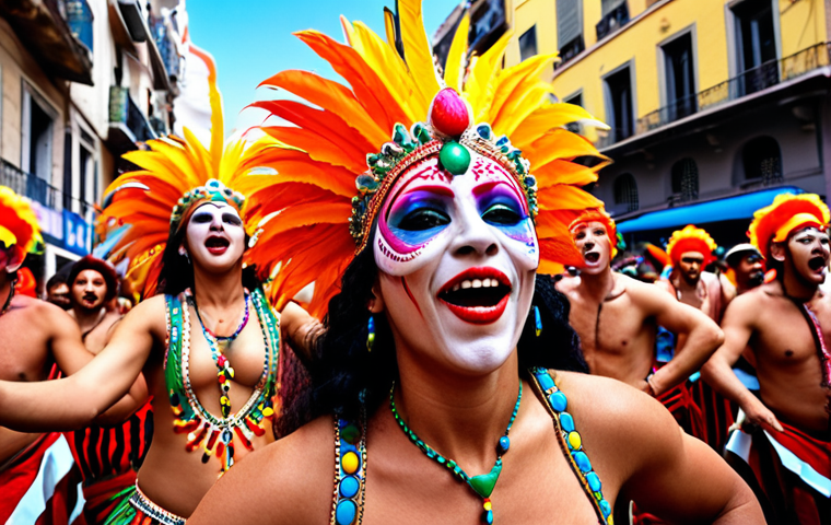 **A vibrant scene in Montevideo during Carnival. Focus on a Murga group performing, their faces painted with expressive makeup, singing satirical songs with passion. Capture the energy of the crowd and the colorful costumes reflecting Uruguayan pride.**