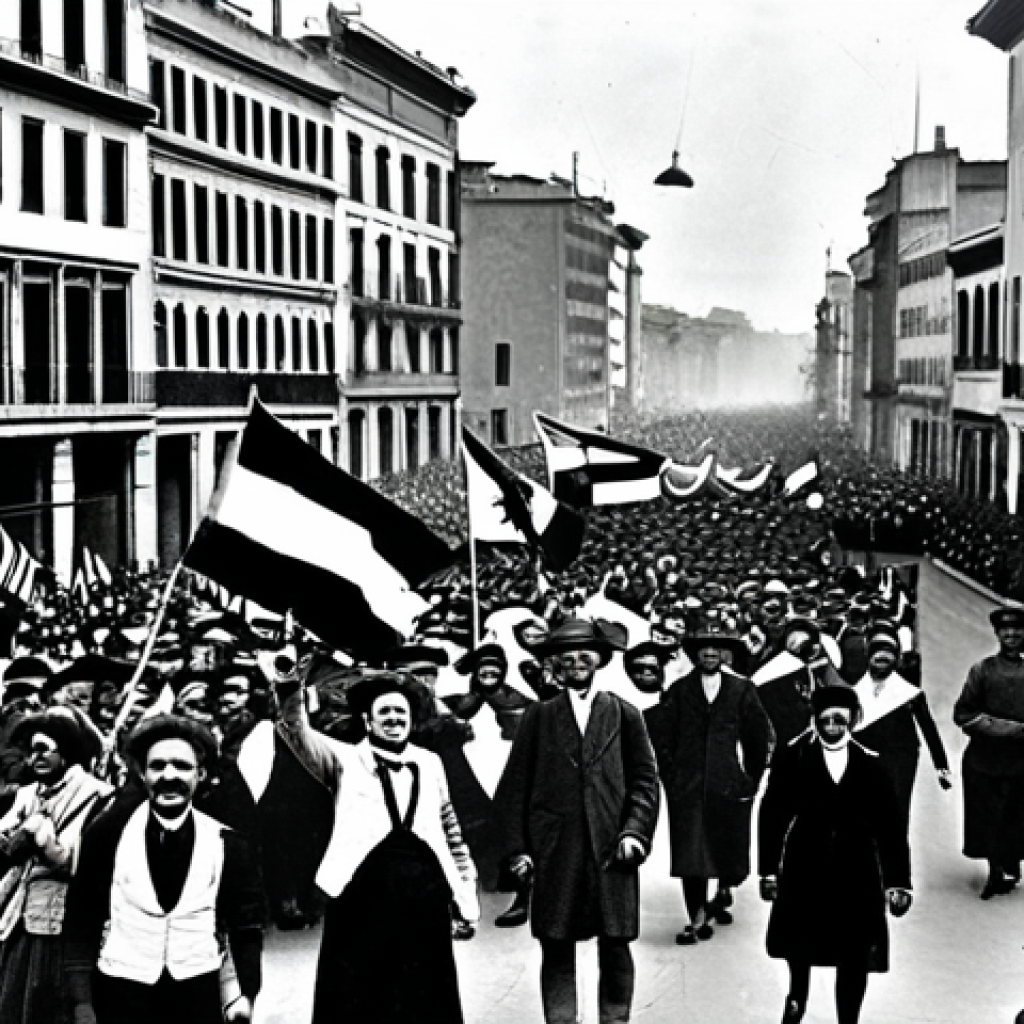Celebrating the 1930 World Cup Victory**

"A jubilant celebration scene in Montevideo, Uruguay, circa 1930, commemorating the World Cup victory.  Uruguayan flags are waving, fully clothed citizens in period attire are cheering in the streets.  The atmosphere is filled with national pride and joy. Safe for work, appropriate content, family-friendly, historical setting, professional photography, perfect anatomy, correct proportions, natural pose."

**