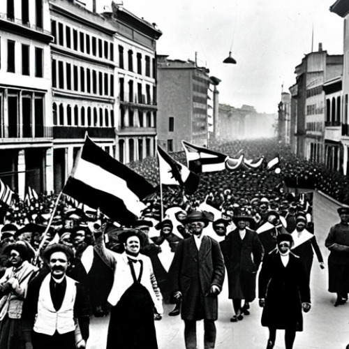 Celebrating the 1930 World Cup Victory**

"A jubilant celebration scene in Montevideo, Uruguay, circa 1930, commemorating the World Cup victory.  Uruguayan flags are waving, fully clothed citizens in period attire are cheering in the streets.  The atmosphere is filled with national pride and joy. Safe for work, appropriate content, family-friendly, historical setting, professional photography, perfect anatomy, correct proportions, natural pose."

**