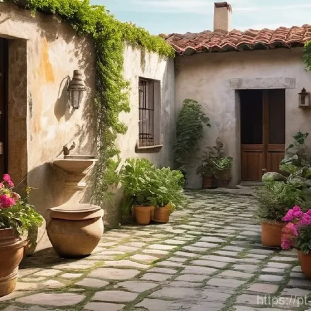 우루과이의 전통 가옥 스타일 - **Prompt:** A serene and inviting internal patio of a traditional Uruguayan home. The space is bathe...