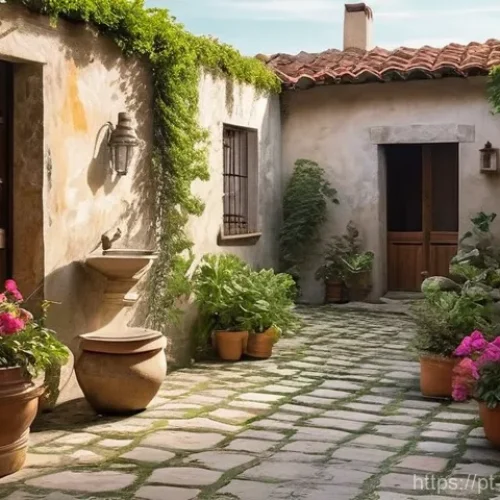 우루과이의 전통 가옥 스타일 - **Prompt:** A serene and inviting internal patio of a traditional Uruguayan home. The space is bathe...