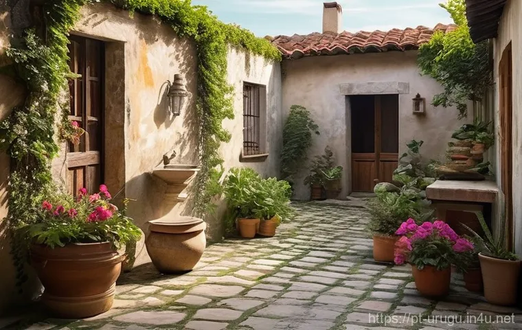 우루과이의 전통 가옥 스타일 - **Prompt:** A serene and inviting internal patio of a traditional Uruguayan home. The space is bathe...
