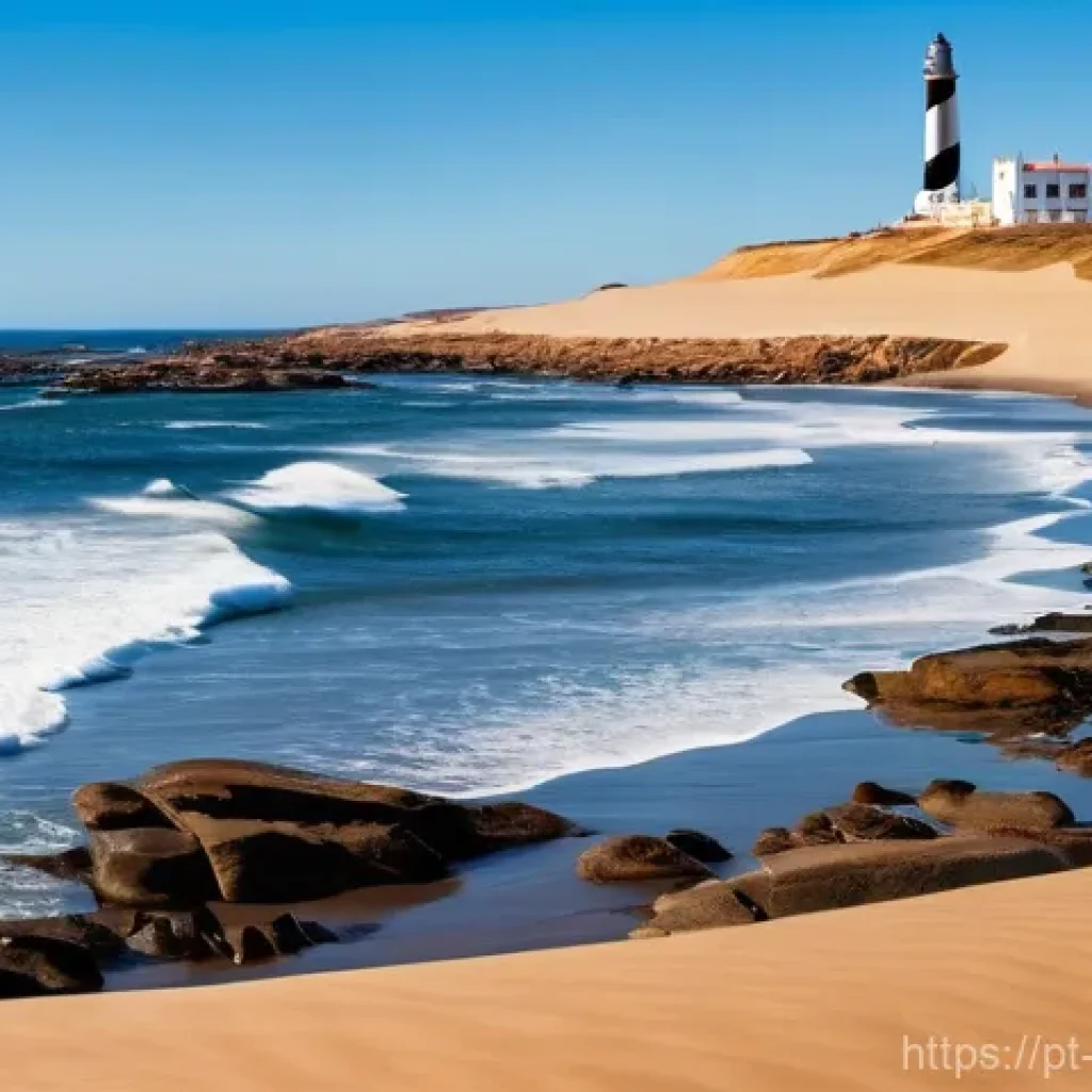우루과이 자연 관광지 - **"A majestic panoramic view of the Uruguayan coast at Cabo Polonio, featuring vast, undulating gold...