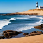 우루과이 자연 관광지 - **"A majestic panoramic view of the Uruguayan coast at Cabo Polonio, featuring vast, undulating gold...