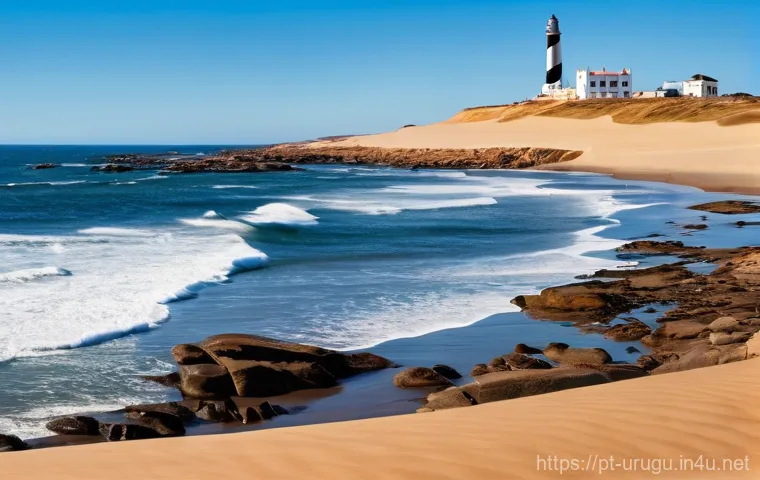 우루과이 자연 관광지 - **"A majestic panoramic view of the Uruguayan coast at Cabo Polonio, featuring vast, undulating gold...