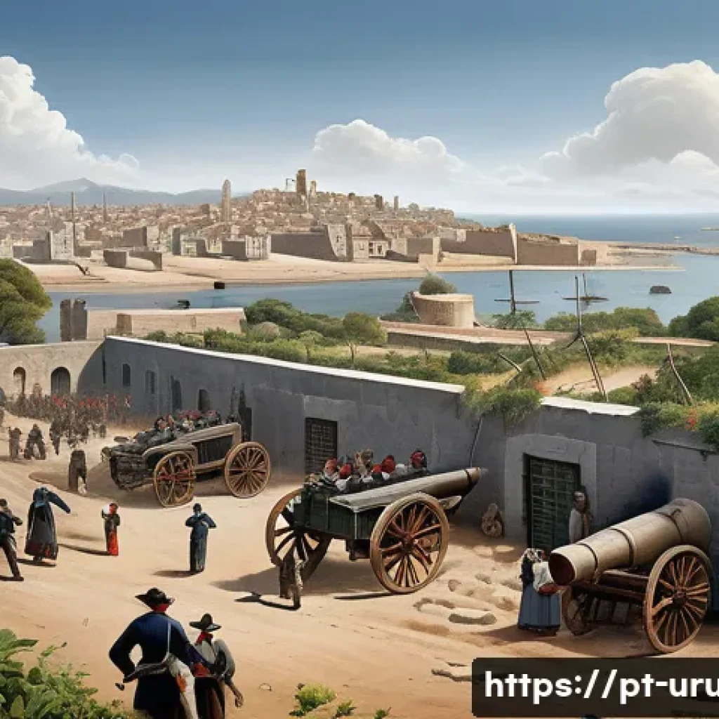 몬테비데오 포위전 - A detailed 19th-century urban siege scene depicting Montevideo under prolonged attack: fortified cit...