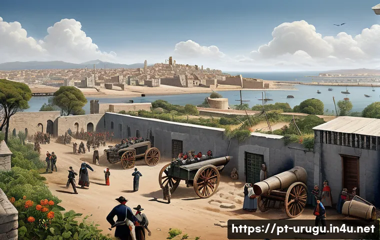 몬테비데오 포위전 - A detailed 19th-century urban siege scene depicting Montevideo under prolonged attack: fortified cit...