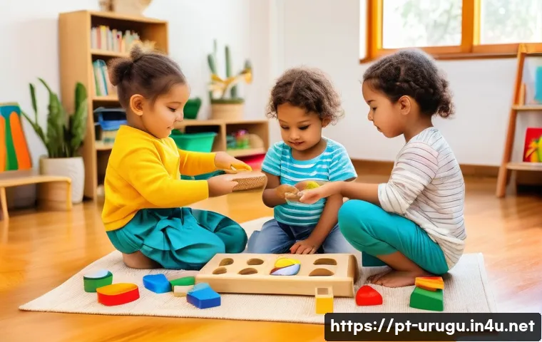 우루과이에서 아이 키우기 - A vibrant scene of a diverse group of young children, ages 3 to 6, wearing modest, colorful clothing...