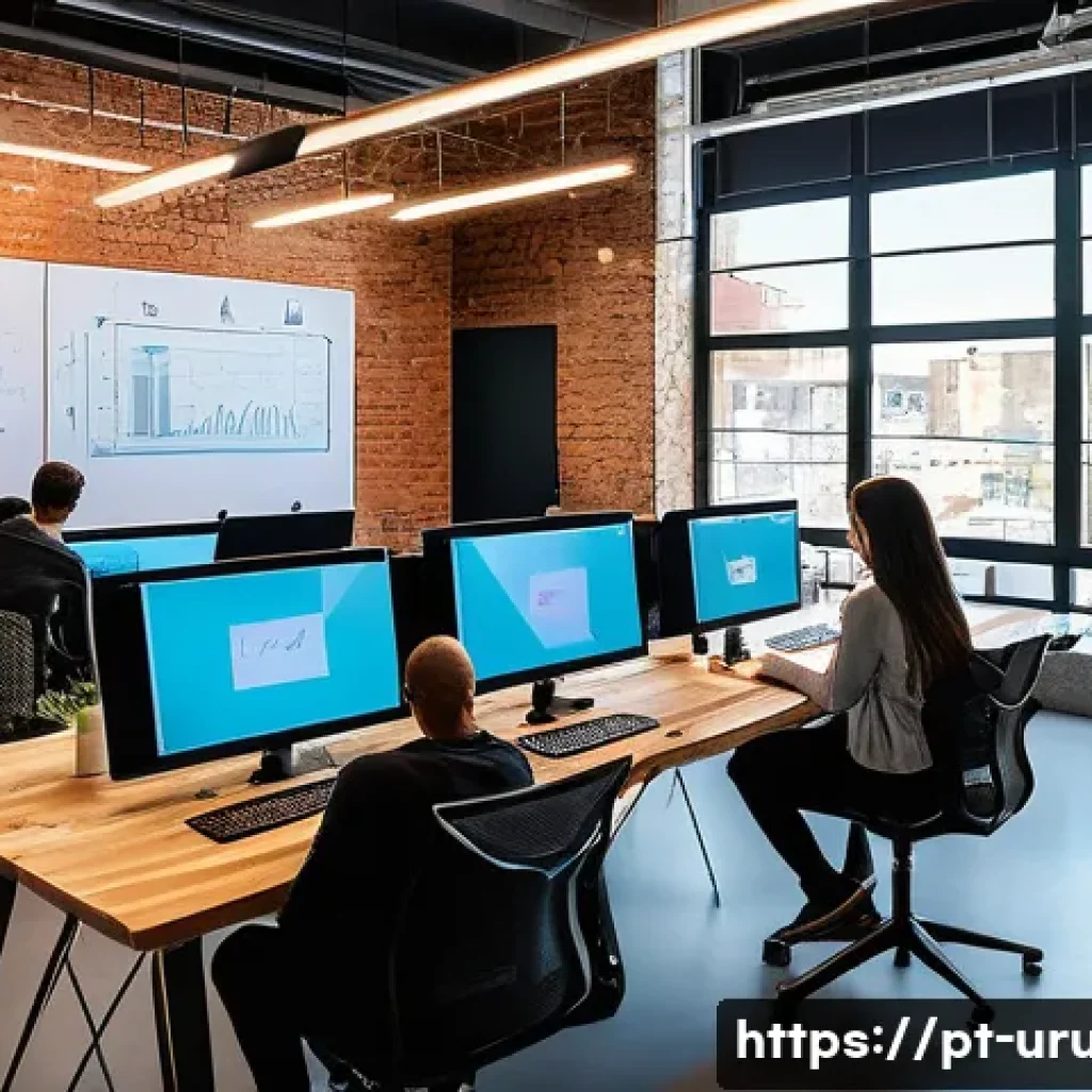 우루과이 스타트업 환경 - A modern co-working space in Montevideo, Uruguay, bustling with diverse young professionals collabor...