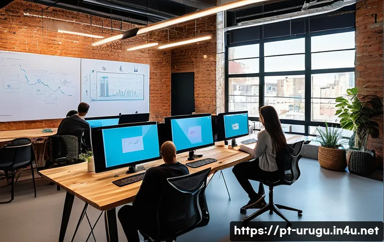 우루과이 스타트업 환경 - A modern co-working space in Montevideo, Uruguay, bustling with diverse young professionals collabor...