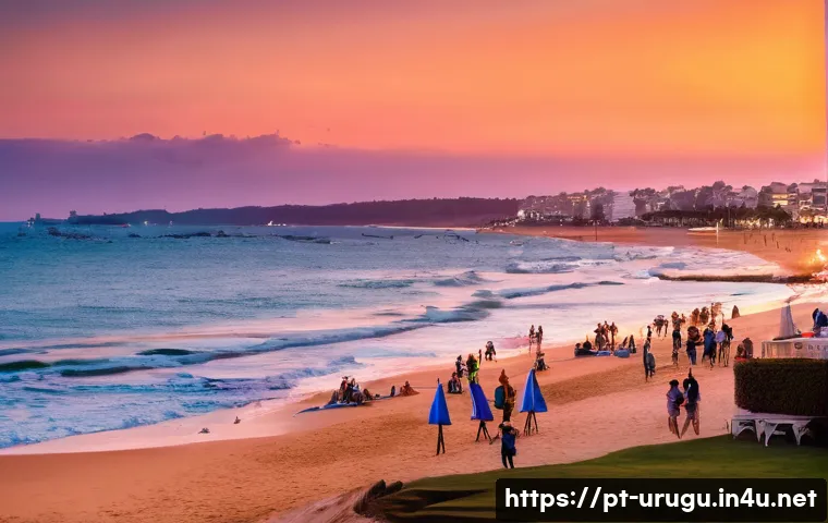 우루과이 해변 여행 - A vibrant coastal scene of Punta del Este beach during sunset, featuring the iconic "La Mano" sculpt...