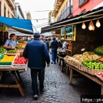 우루과이 음식 가격 - A vibrant local market scene in Montevideo, Uruguay, bustling with people shopping for fresh fruits,...