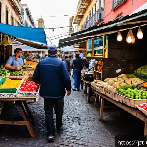 우루과이 음식 가격 - A vibrant local market scene in Montevideo, Uruguay, bustling with people shopping for fresh fruits,...