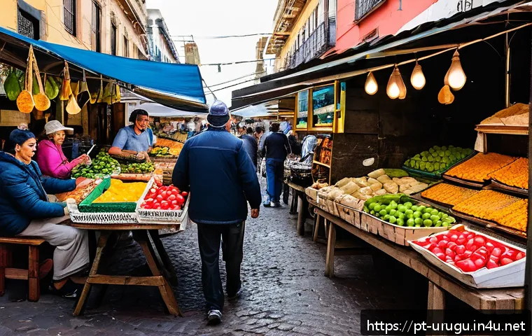 우루과이 음식 가격 - A vibrant local market scene in Montevideo, Uruguay, bustling with people shopping for fresh fruits,...
