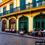 몬테비데오 여행 코스 - A vibrant street scene in Montevideo&rsquo;s Ciudad Vieja district during golden hour, showcasing the colo...