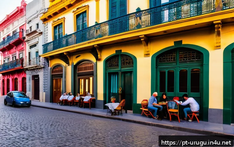 몬테비데오 여행 코스 - A vibrant street scene in Montevideo&rsquo;s Ciudad Vieja district during golden hour, showcasing the colo...