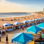 우루과이 기후와 날씨 - A vibrant summer beach scene in Punta del Este, Uruguay, featuring sunlit golden sand and turquoise ...