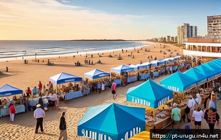 우루과이 기후와 날씨 - A vibrant summer beach scene in Punta del Este, Uruguay, featuring sunlit golden sand and turquoise ...