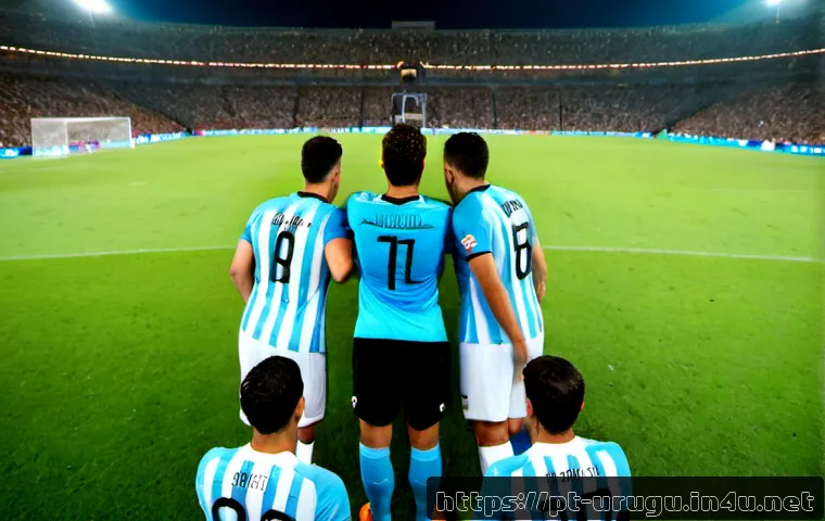 Home 17 우루과이 vs 아르헨티나 축구 라이벌 - Photorealistic international football rivalry scene, Uruguay and Argentina national team players fac...