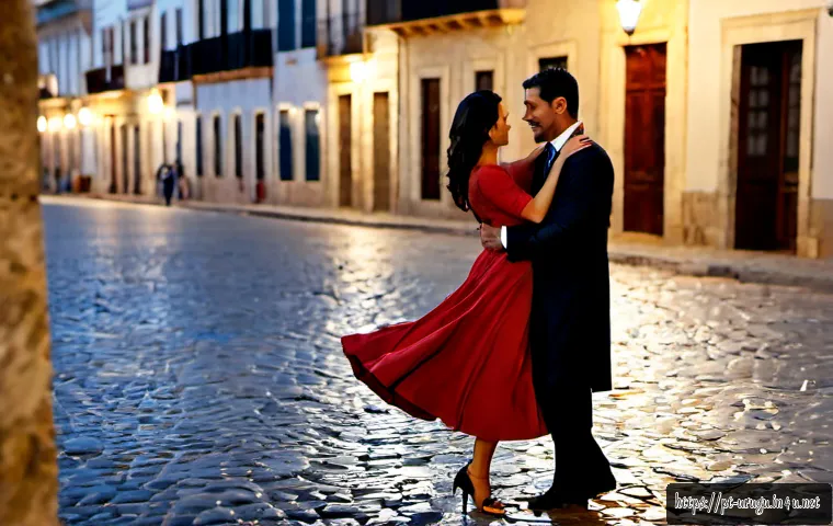 Home 17 탱고와 우루과이 - Photorealistic evening scene in Montevideo, Uruguay: an elegant tango couple dancing on a historic c...