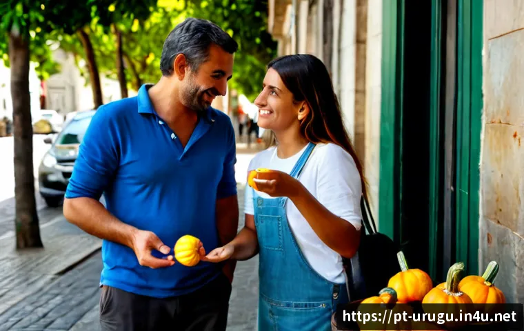 Home 17 우루과이 스페인어 방언 - Photorealistic street-side café scene in Montevideo, Uruguay, two adult friends in casual everyday c...