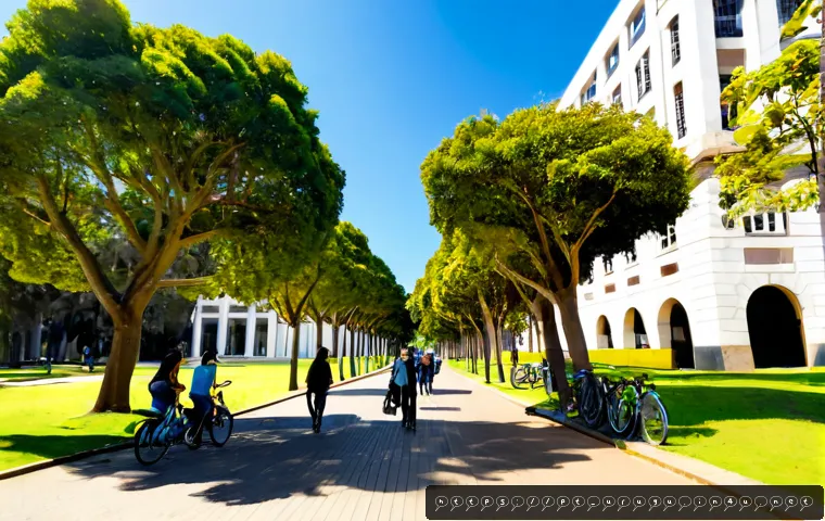 Home 17 우루과이 대학교 및 유학 - Photorealistic wide-angle scene of a modern public university campus in Montevideo, Uruguay, diverse...